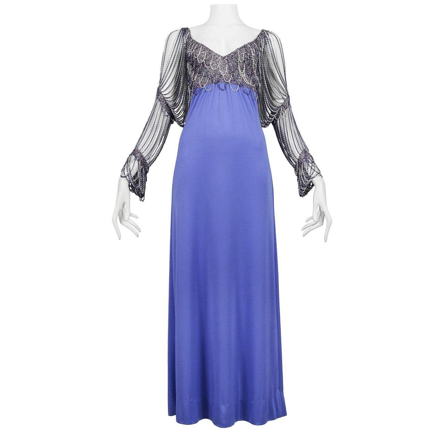 Vintage Loris Azzaro Periwinkle Blue Chain Sleeve Gown For Sale
