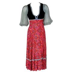 Vintage 1970's Thea Porter Couture Pink Art-Nouveau Silk Billow-Sleeve Gypsy Dress