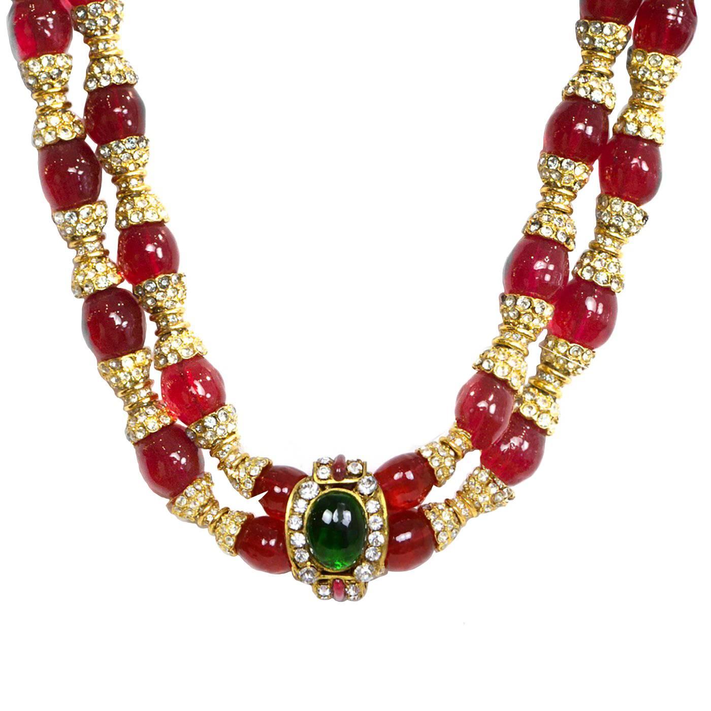 Chanel Vintage '83 Red Gripoix and Rhinestone Double Tier Necklace