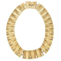 Satin Brushed Gold Plated Metal with Rhinstone Reticulated Collar Necklace 11