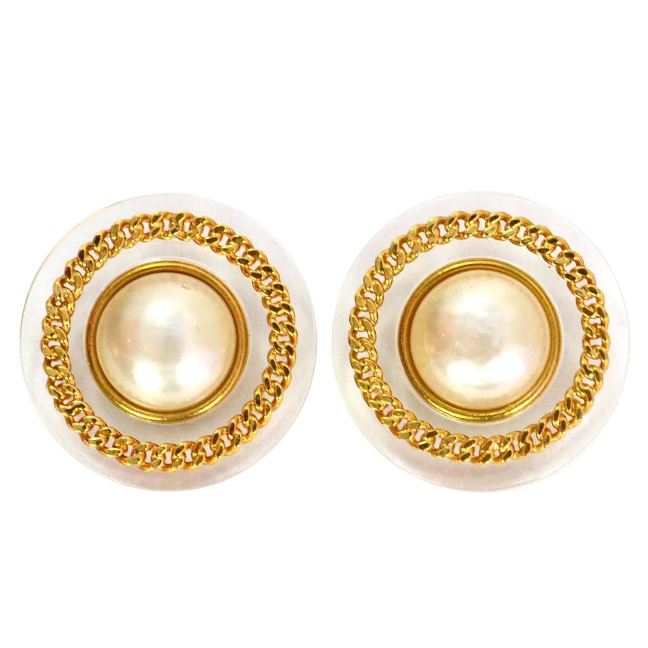 CHANEL Vintage '88 Resin & Pearl Disc Clip On Earrings