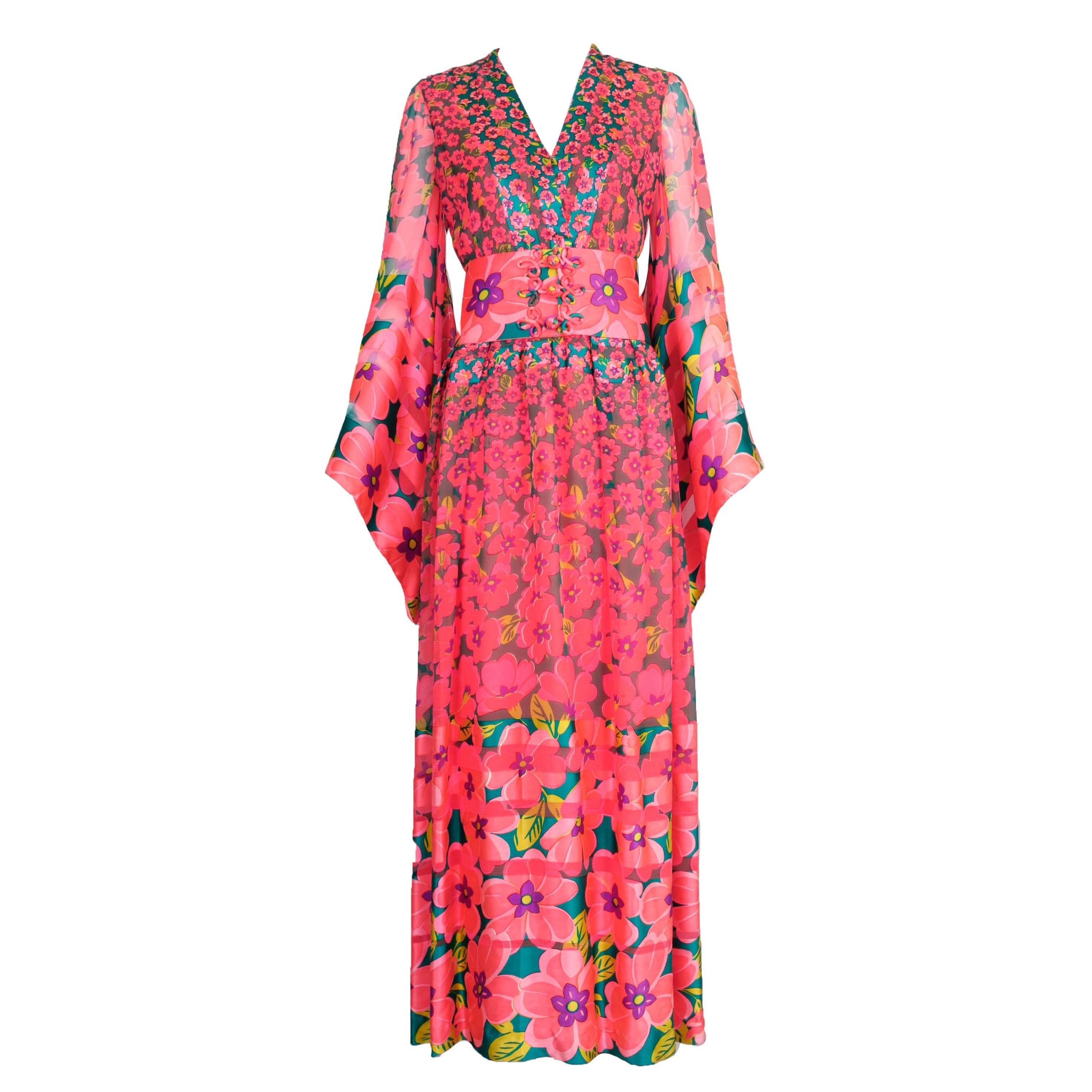 1970s Oscar de la Renta Floral Silk Evening Gown