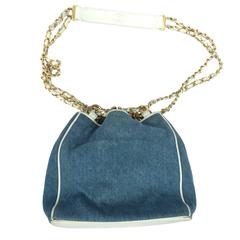 Chanel denim white leather trim shoulder handbag.