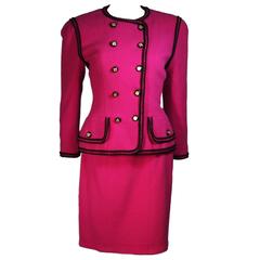 CHANEL 1980's Wool Fuschia Skirt Suit with Black Trim Size 38