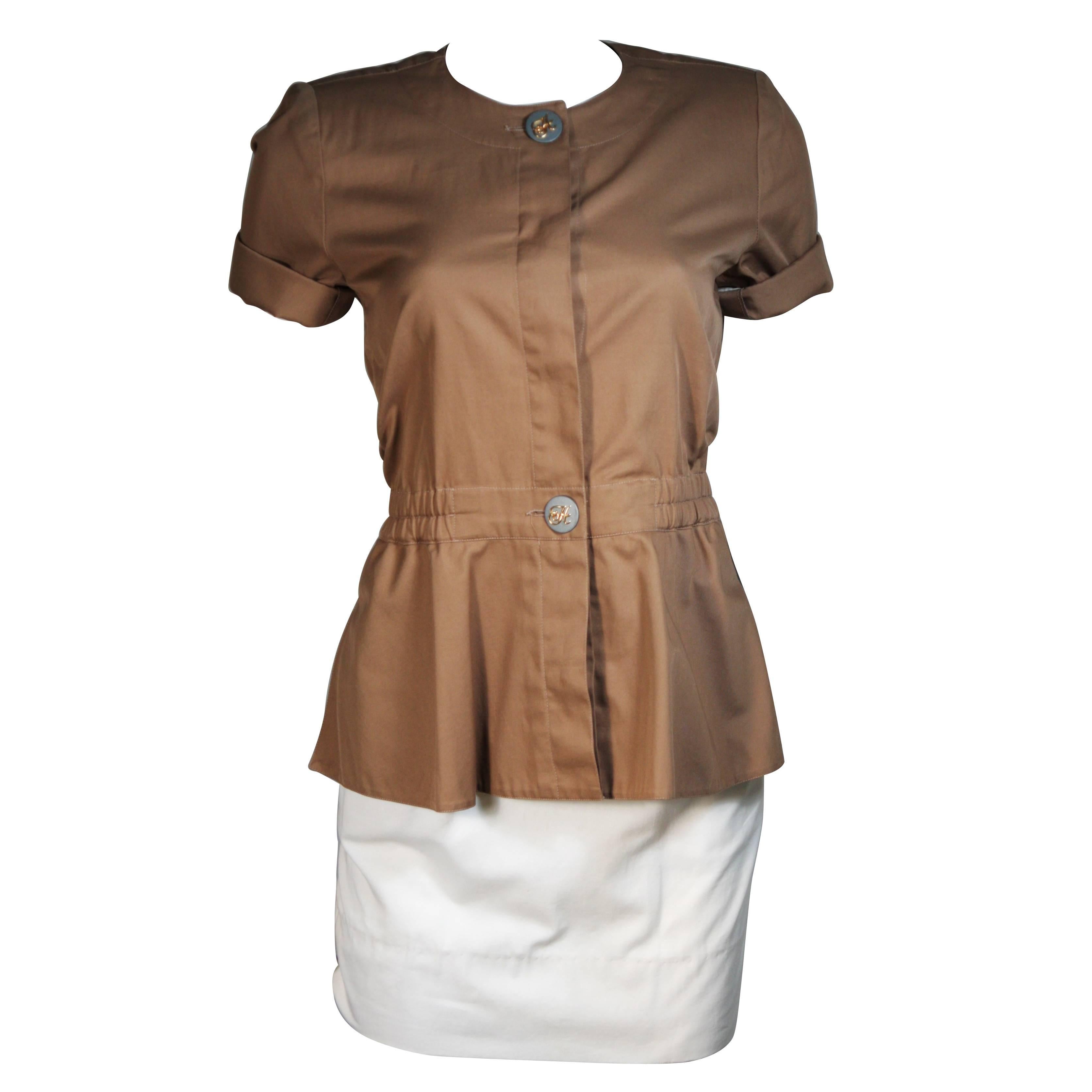 HERMES Khaki & White Safari Style Skirt Suit Size 2-4