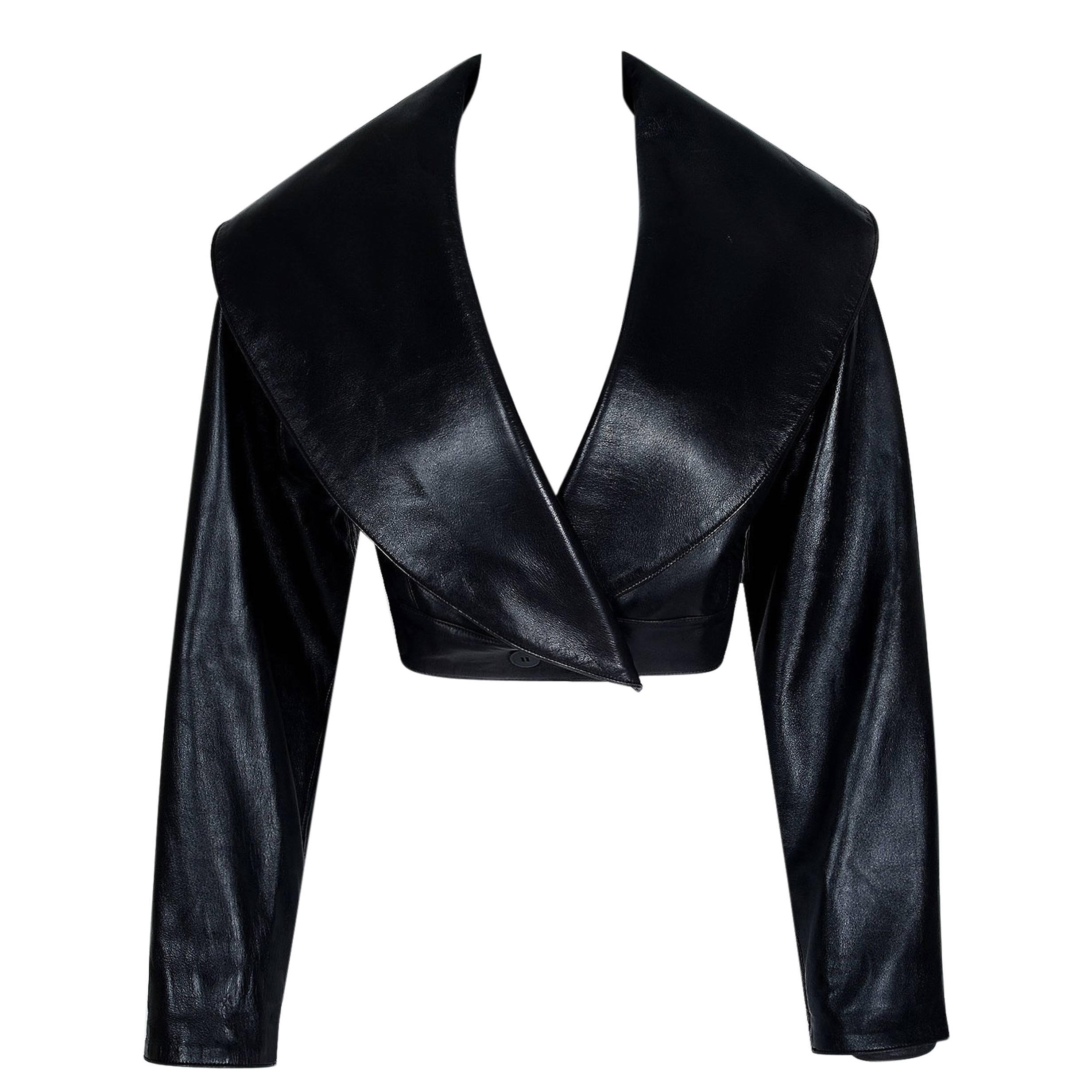 1990's Azzedine Alaia Black Leather Portrait Shawl Collar Plunge Cropped Jacket