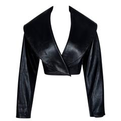 Vintage 1990's Azzedine Alaia Black Leather Portrait Shawl Collar Plunge Cropped Jacket