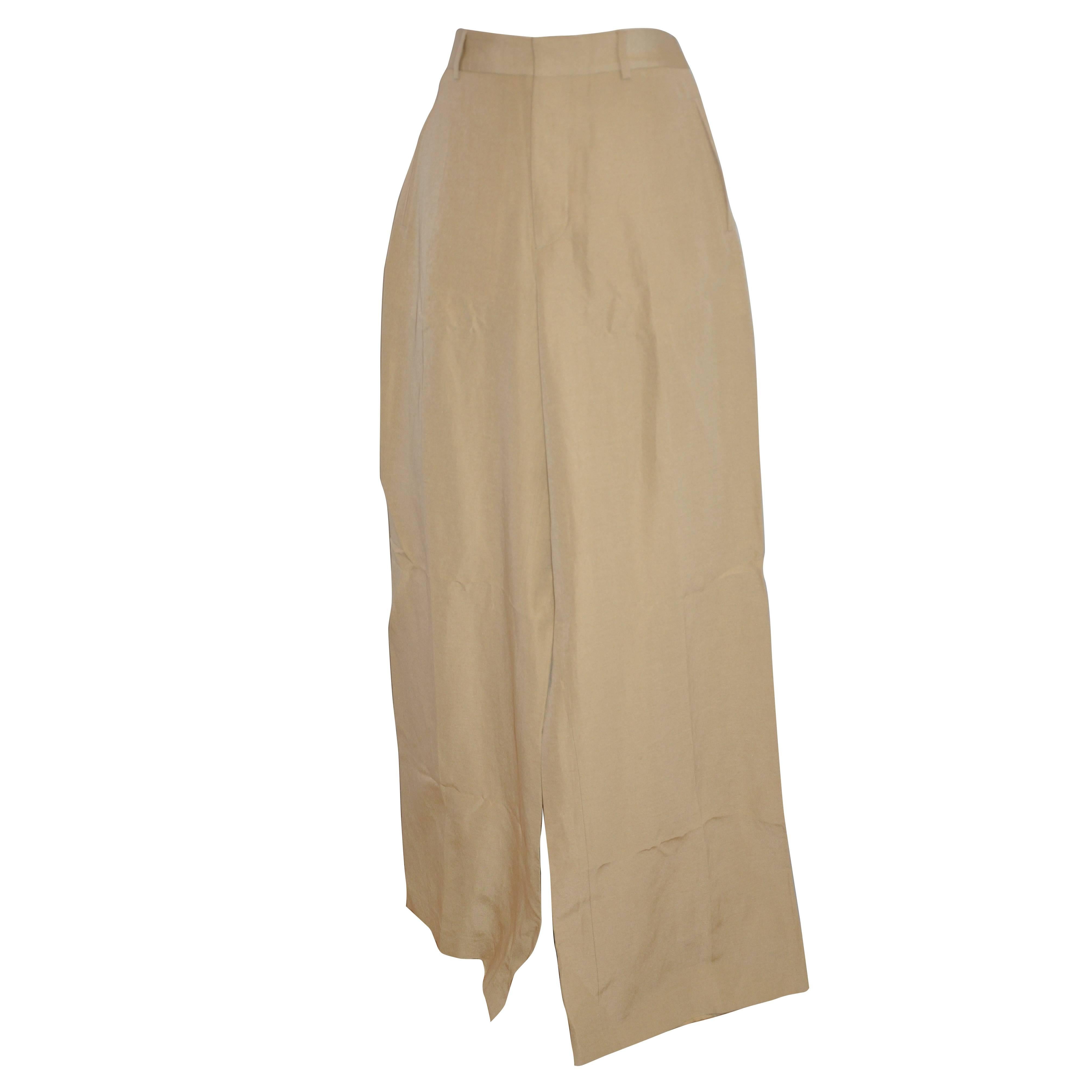 Jean Paul Gaultier Beige Silk & Linen Wide-Leg Trousers For Sale