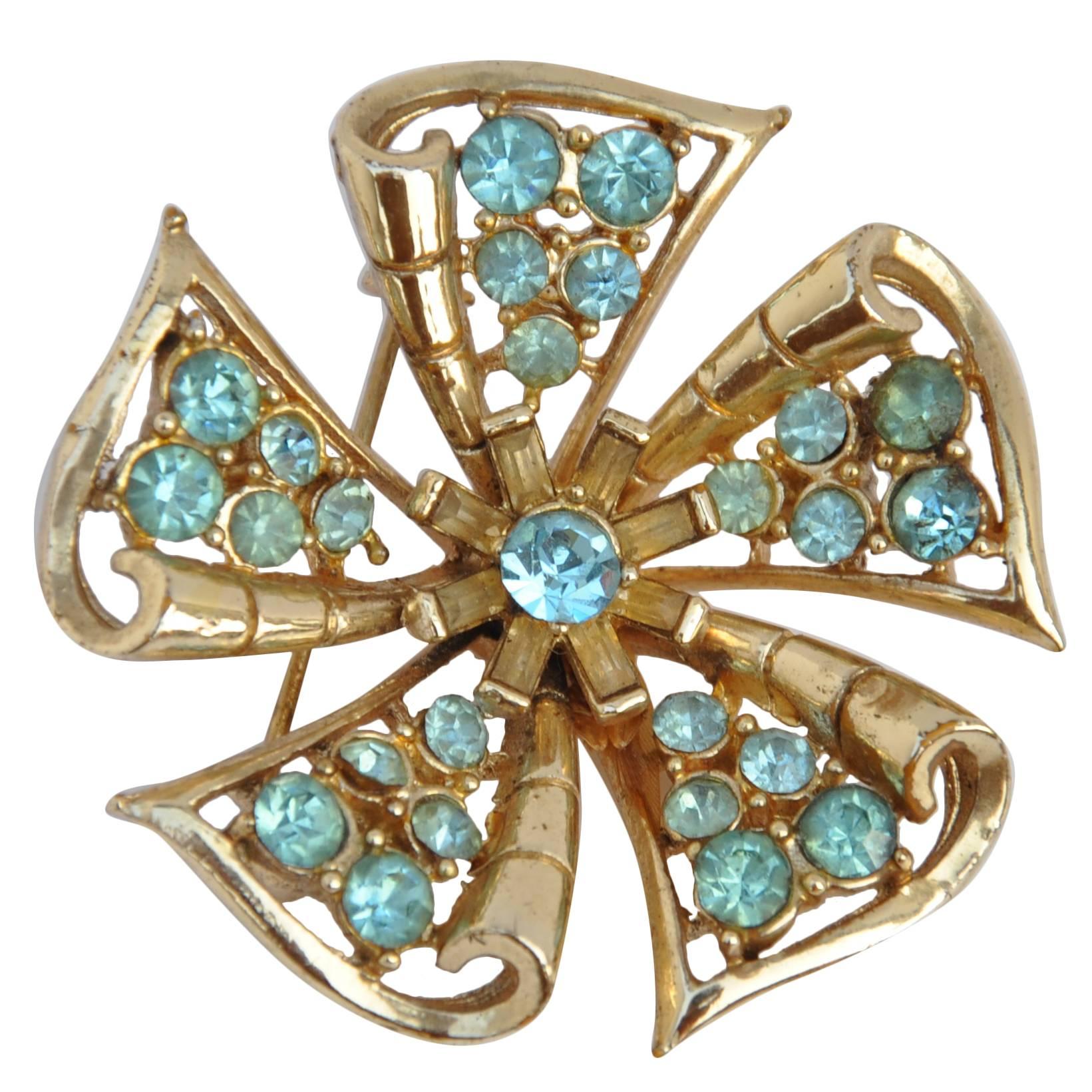 Large Floral Gilded Gold with "Aqua" Accent Brooch For Sale