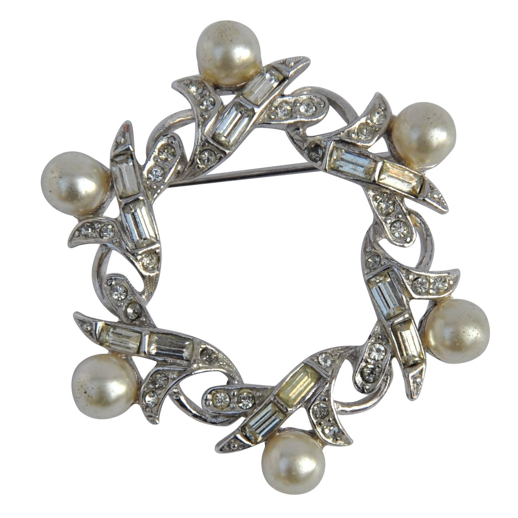 Gilded Silver with Multi-Size Rhinestones and Pearl Brooch For Sale