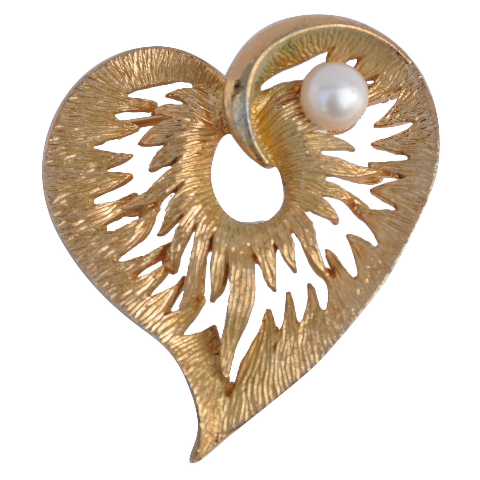 Napier Gilded Gold Filigree with Pearl "Heart" Brooch For Sale