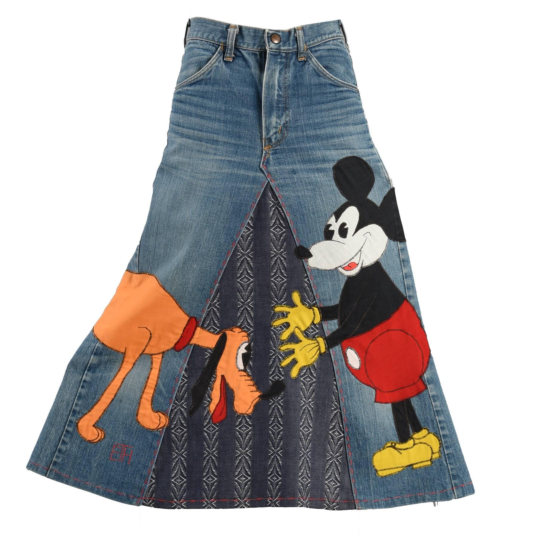 Wonderful 1960s Serendipity 3 Graphic Mickey Mouse & Pluto Denim Skirt