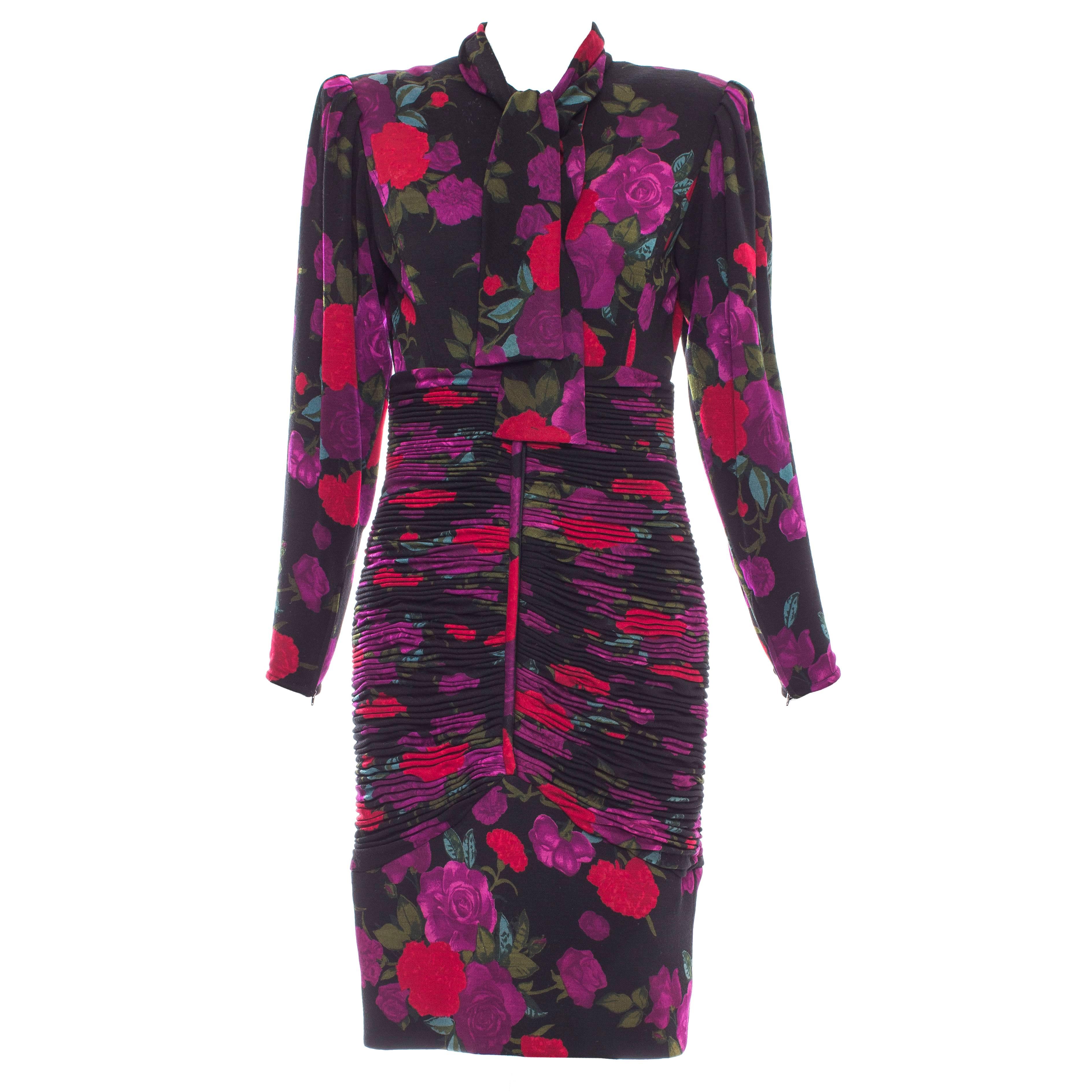 Emanuel Ungaro Floral Wool Jersey Ruched Dress, Circa 1980's For Sale