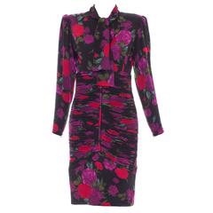 Emanuel Ungaro Floral Wool Jersey Ruched Dress, Circa 1980's 11