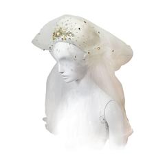 1950s Irina Roublon Extravagant White Tulle Toque Trimmed in Gold