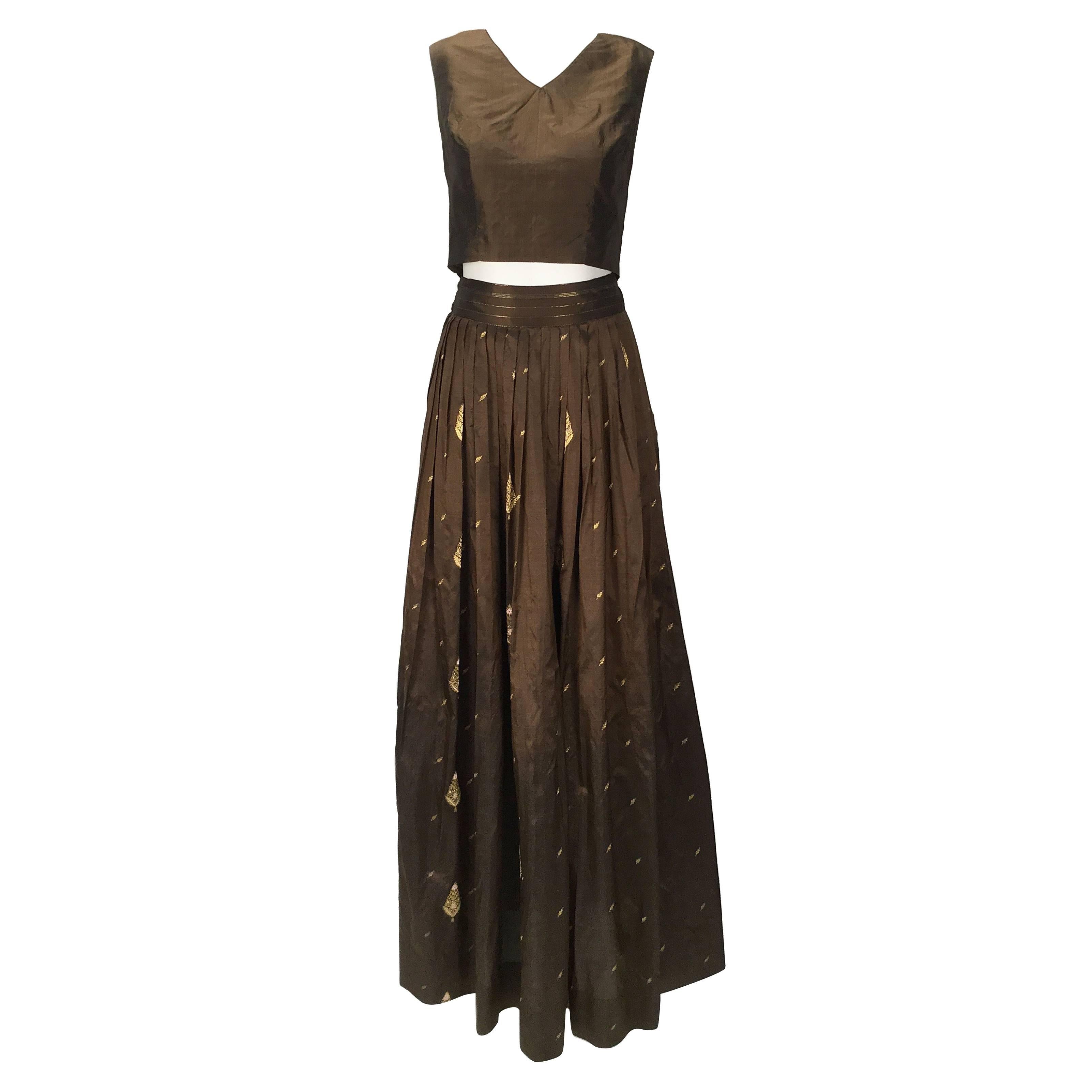 1970s Brown and Gold Metallic Silk Ensemble For Sale