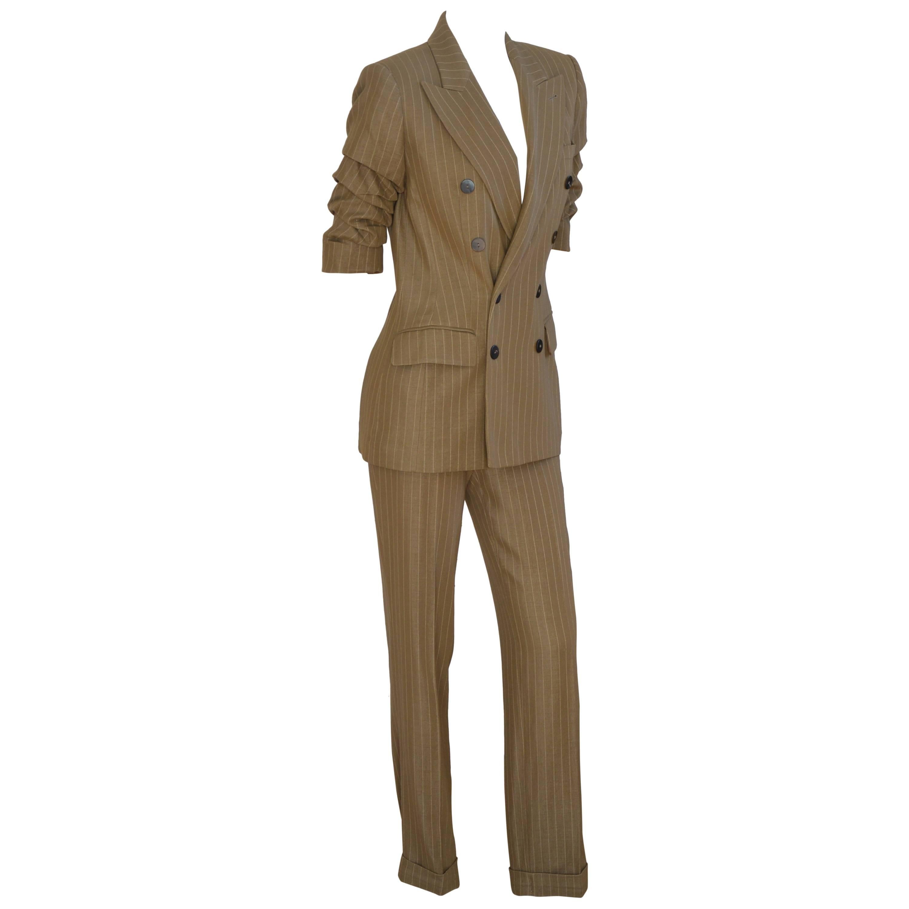 Vintage Jean Paul Gaultier pinstripe suit featuring traditional men's style double breasted vest. Caramel Brown New Wool suit.
