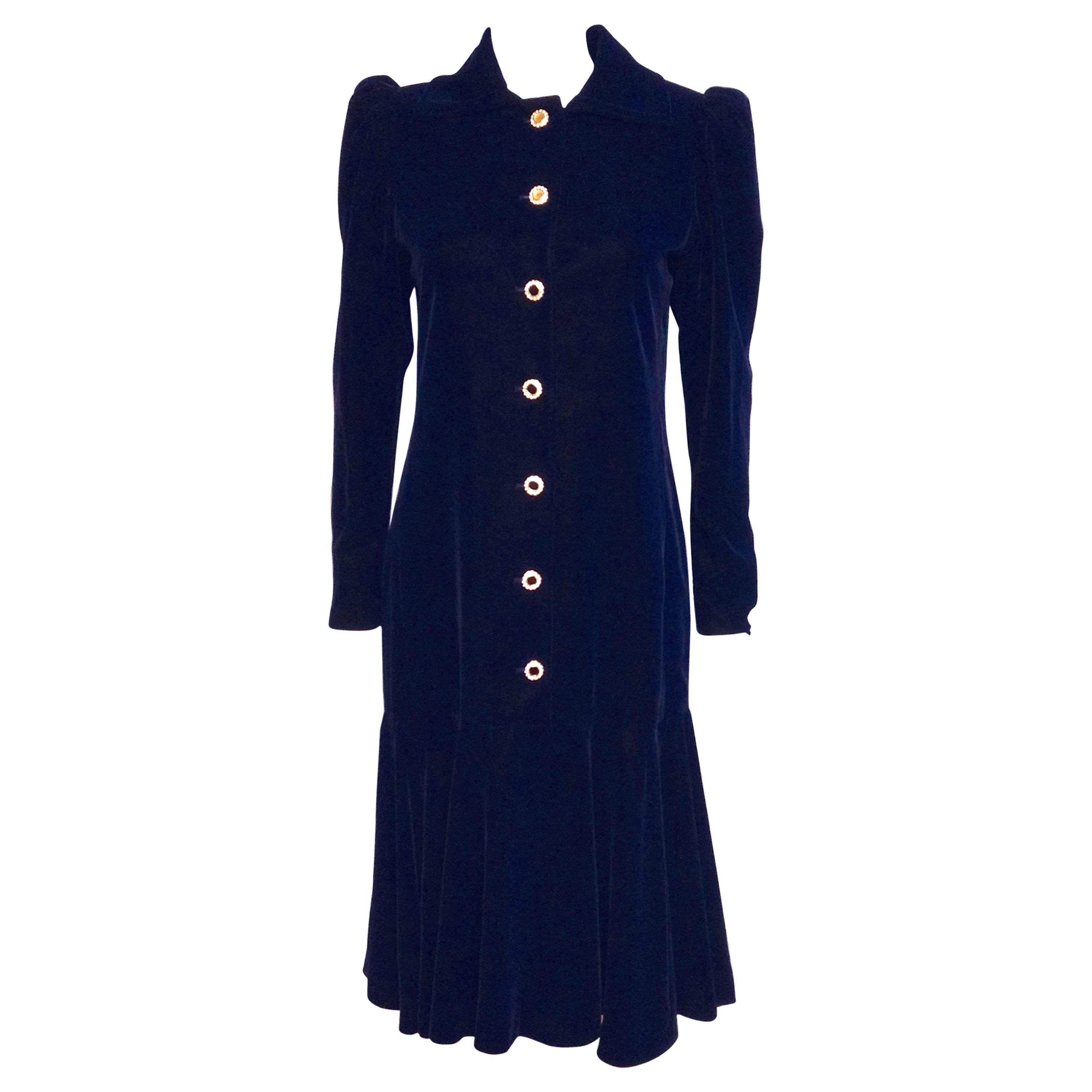 Saint Laurent Vintage Deep Blue Velvet Drop Waist Dress Size 38/6 For Sale