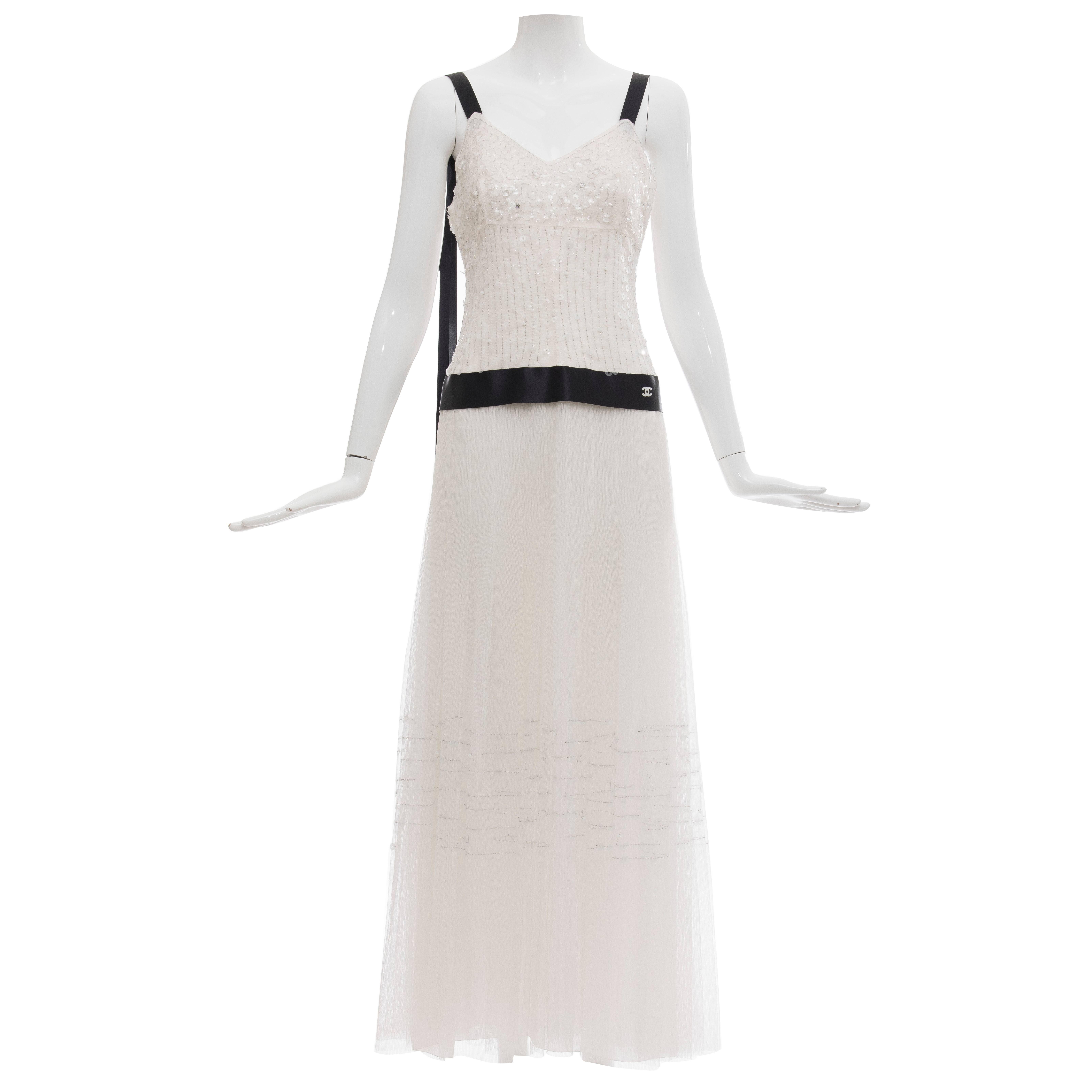 Chanel White Nylon Mesh Sequins Pearls Black Satin Evening Dress, Cruise 2005
