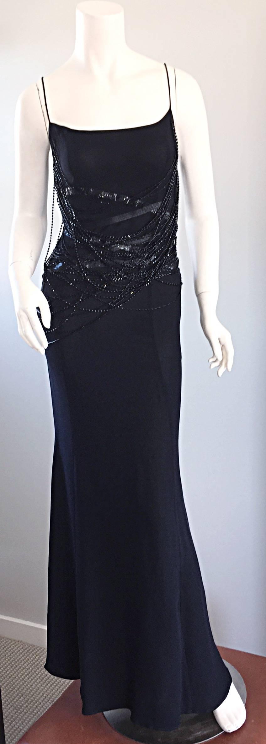 Beautiful, unique, and OH SO FLATTERING! Gai Mattiolo Couture black silk gown! Dozens of strands of beads that drape across the front and back, that form a 'Spiderweb' look! Looks fantastic on! In great condition, with minor wear to some