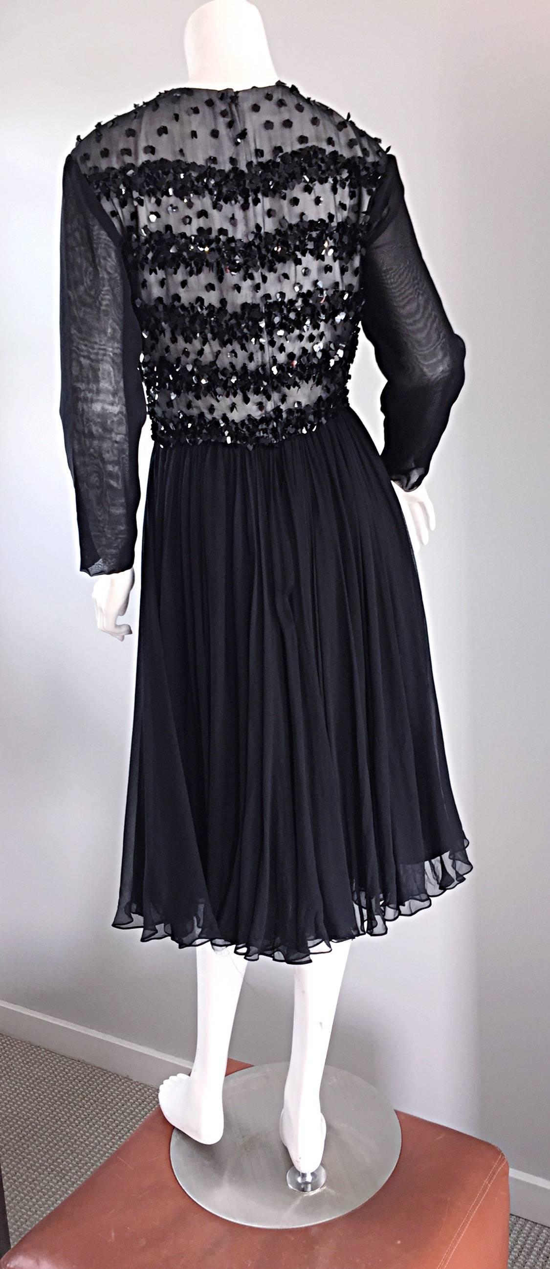 1960s Pat Sandler for Highlight 60s Black Chiffon Beaded Paillette Vintage Dress In Excellent Condition For Sale In San Diego, CA
