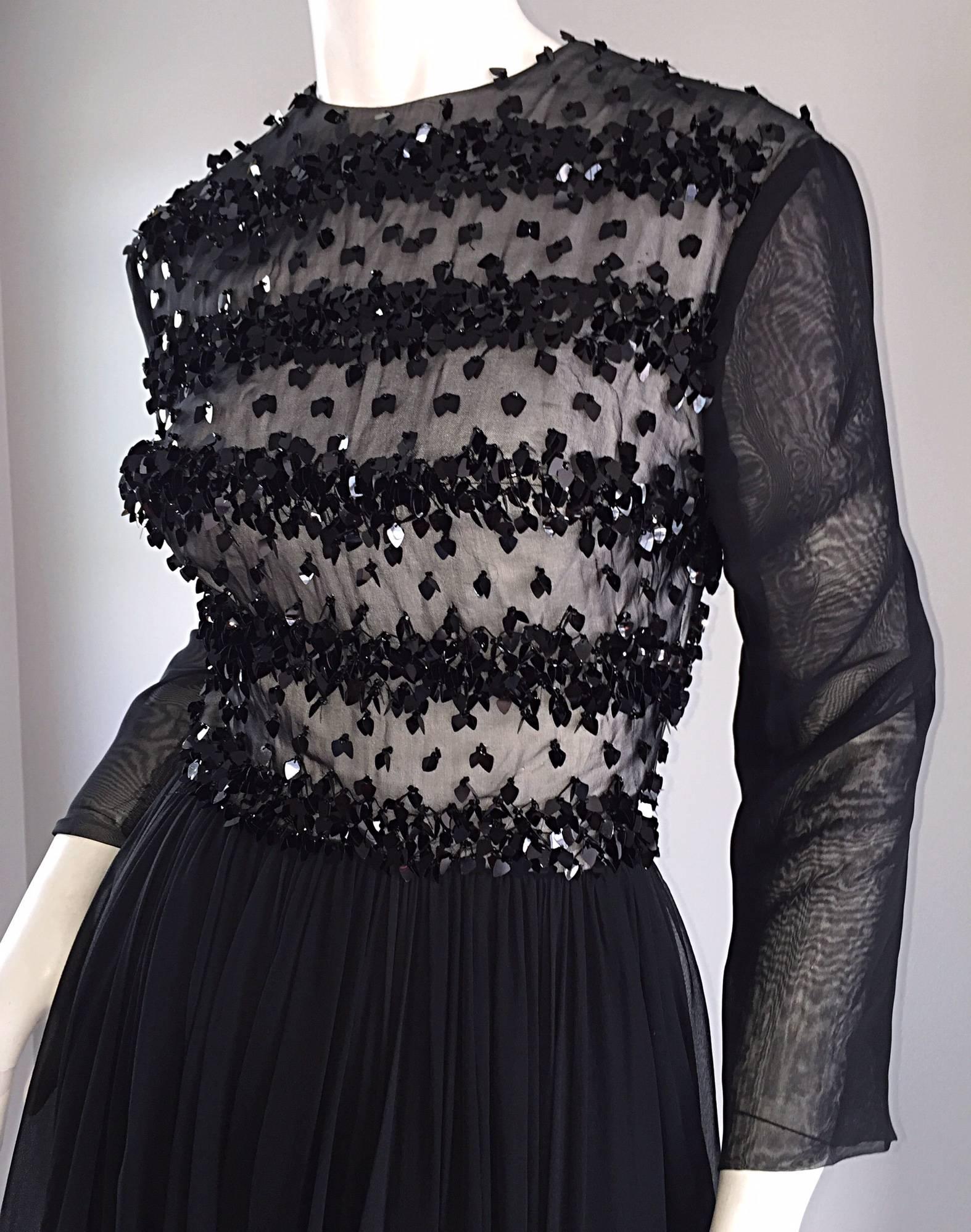 1960s Pat Sandler for Highlight 60s Black Chiffon Beaded Paillette Vintage Dress For Sale 1
