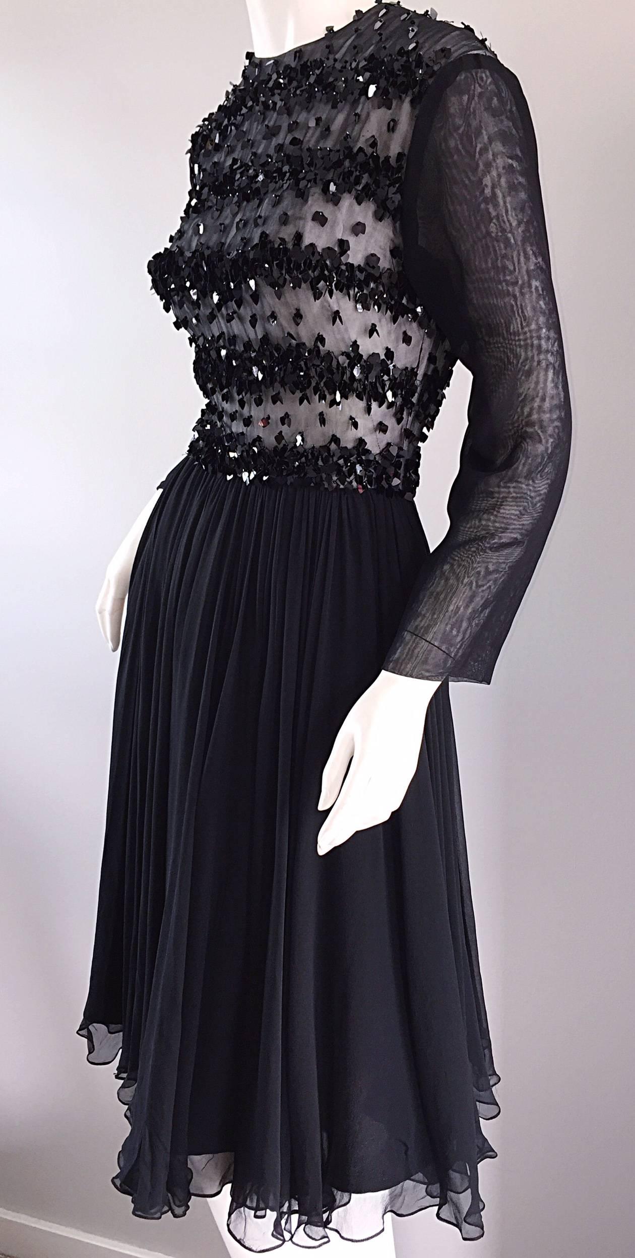 Women's 1960s Pat Sandler for Highlight 60s Black Chiffon Beaded Paillette Vintage Dress For Sale