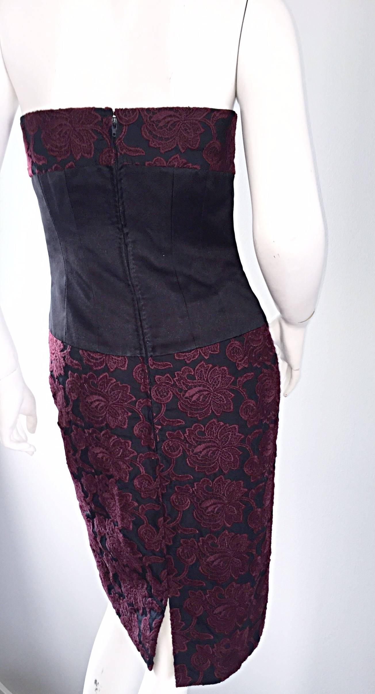 Vintage Paola Quadretti Couture 90s Black Burgundy Embroidered Strapless Dress For Sale 4