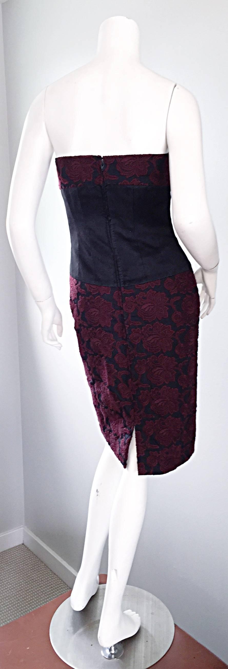 Vintage Paola Quadretti Couture 90s Black Burgundy Embroidered Strapless Dress For Sale 3