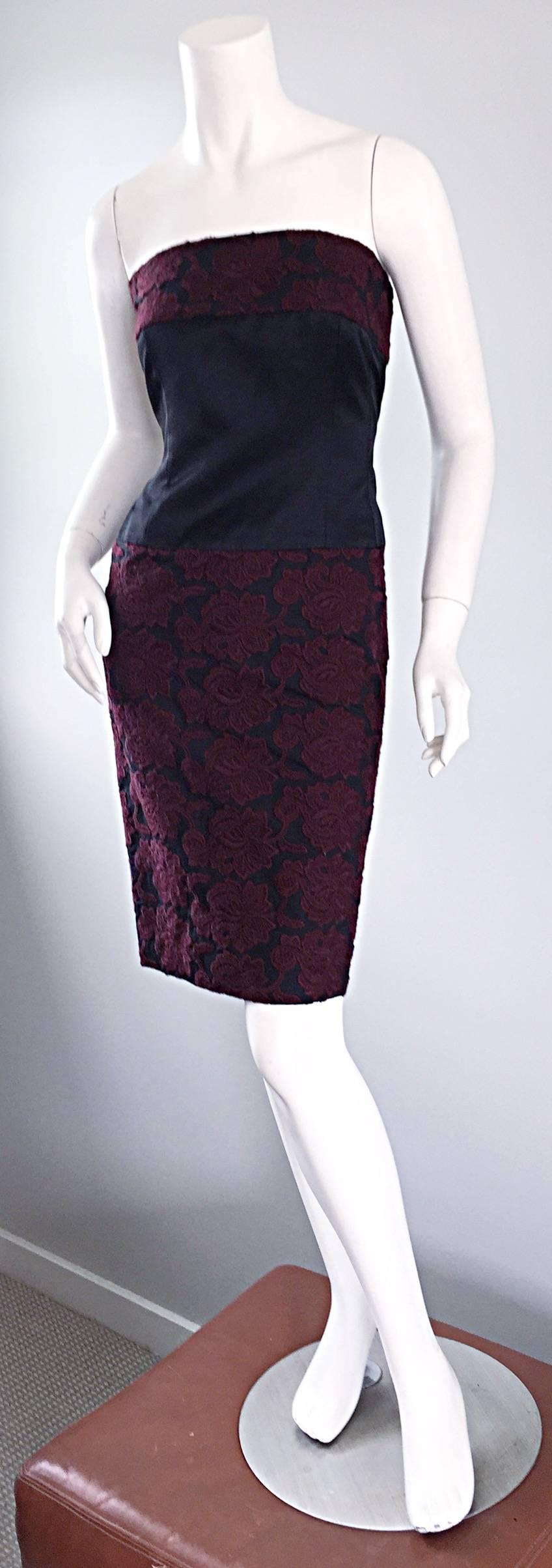 Stunning, figure flattering strapless vintage 1990s dress by Paola Quadretti! Black silk bodice, with maroon/burgundy embroidered floral print. Most of the work on this dress was done by hand--Impeccable construction! Looks great alone, or can be