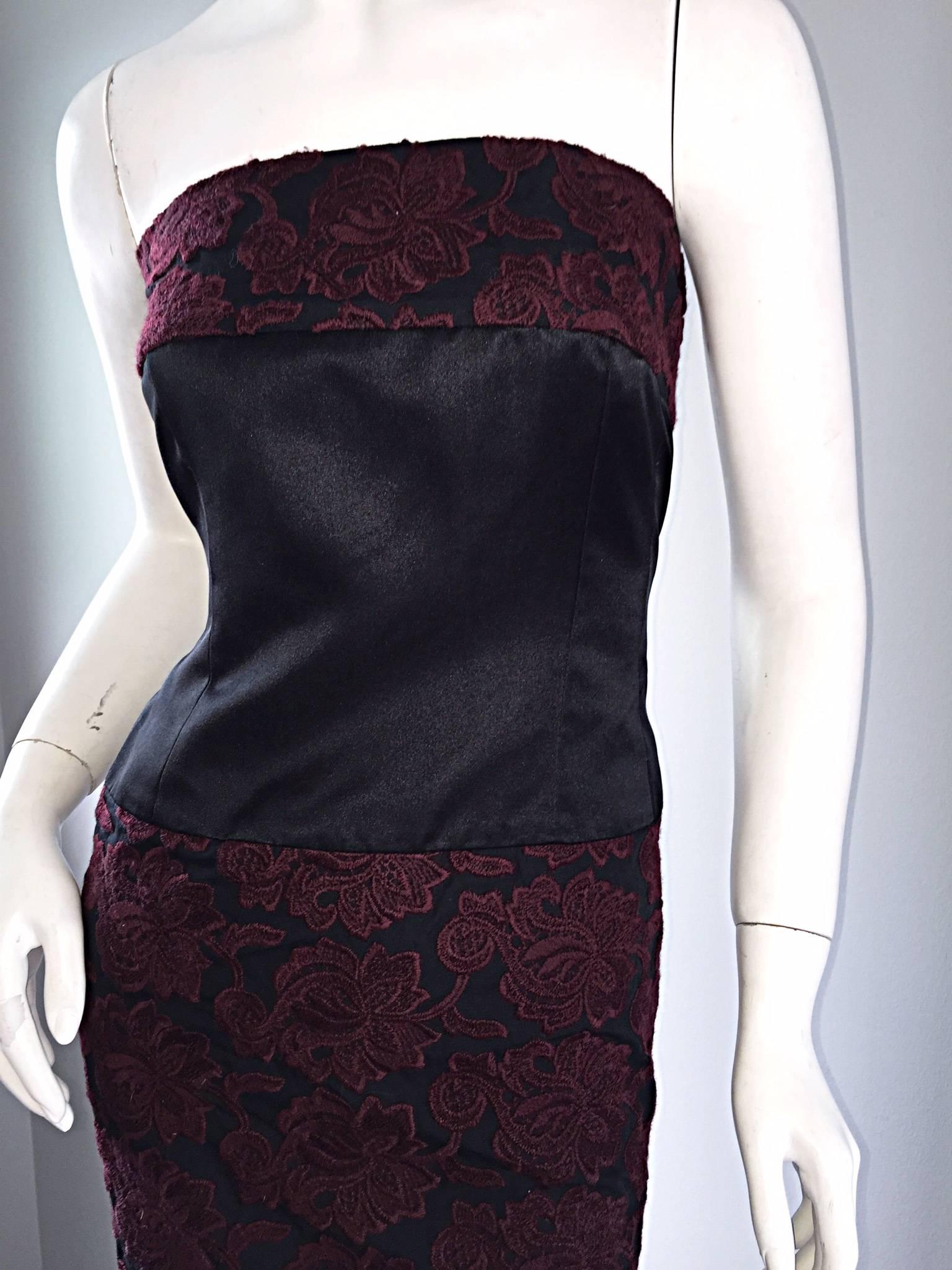 Vintage Paola Quadretti Couture 90s Black Burgundy Embroidered Strapless Dress For Sale 1