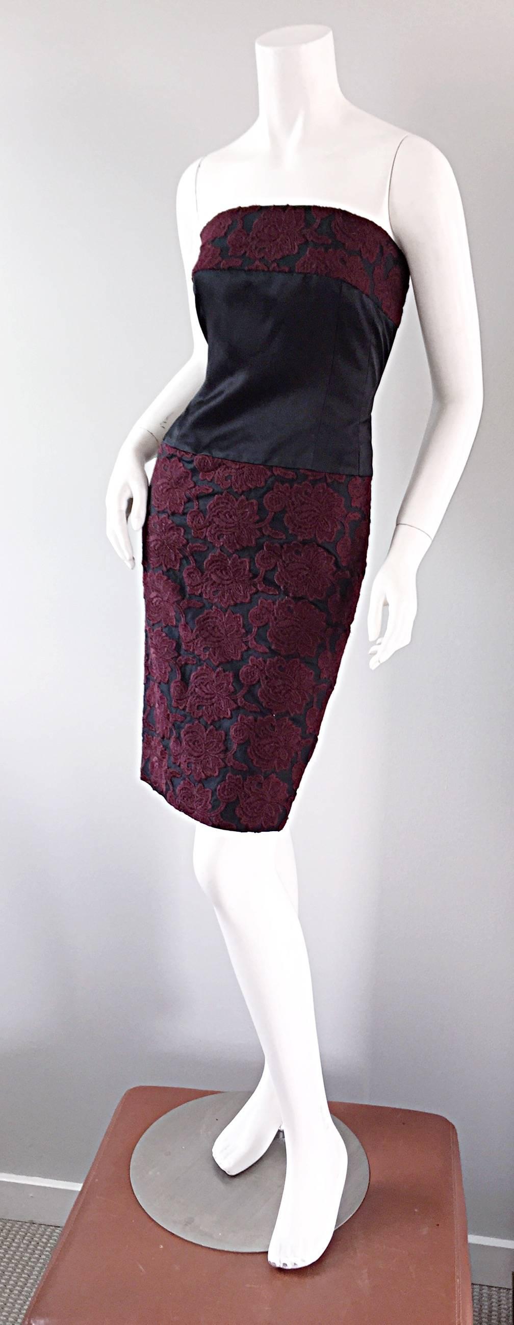 Vintage Paola Quadretti Couture 90s Black Burgundy Embroidered Strapless Dress In Excellent Condition For Sale In San Diego, CA