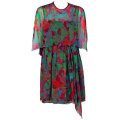 1960's Galanos Watercolor Novelty Fish Print Silk-Chiffon Capelet Belted Dress