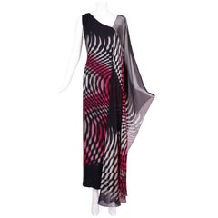 70s Hanae Mori Couture Op Art Chiffon Gown w/Asymmetric Shoulder