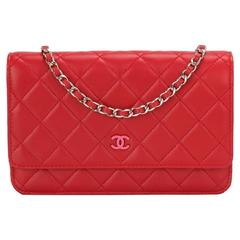Chanel Bi-color Red Quilted Lambskin Wallet On Chain with Pink CC
