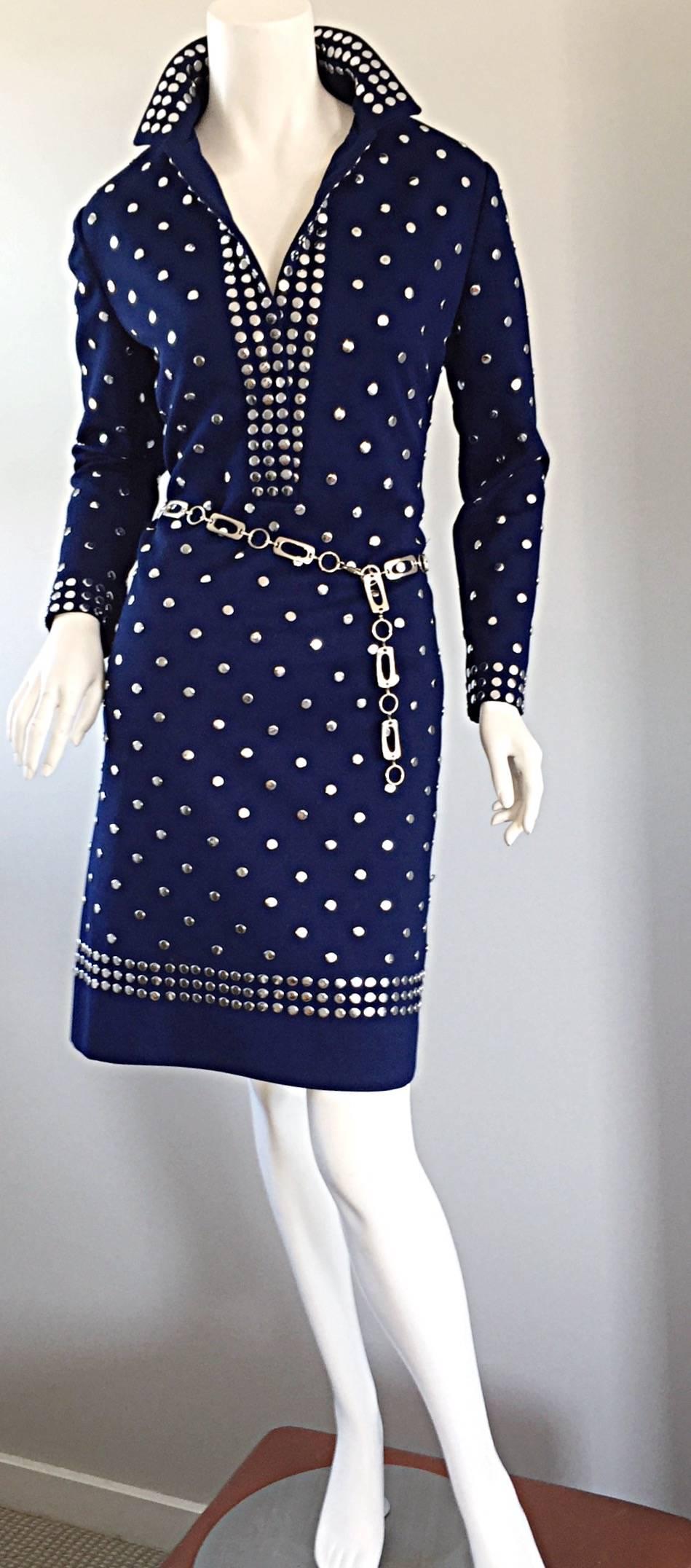 Black Donald Brooks Navy Blue + Silver Studded Vintage Dress w/ Chain Belt