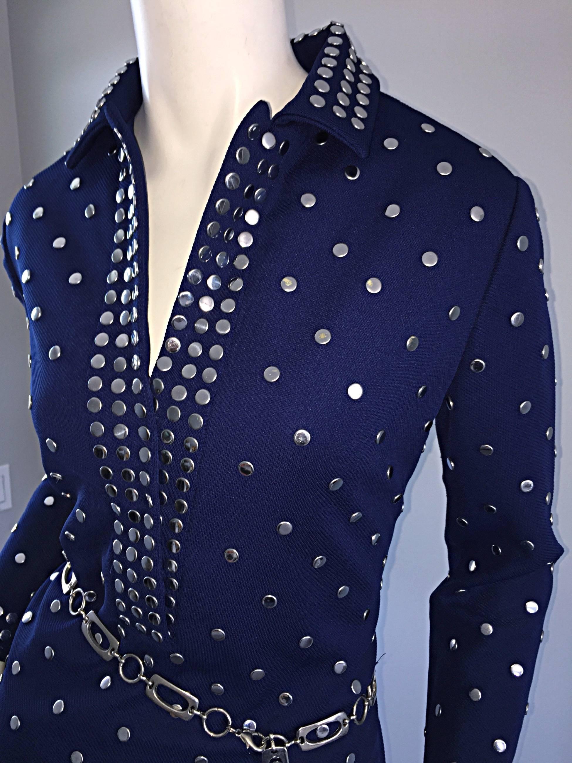 Donald Brooks Navy Blue + Silver Studded Vintage Dress w/ Chain Belt 4