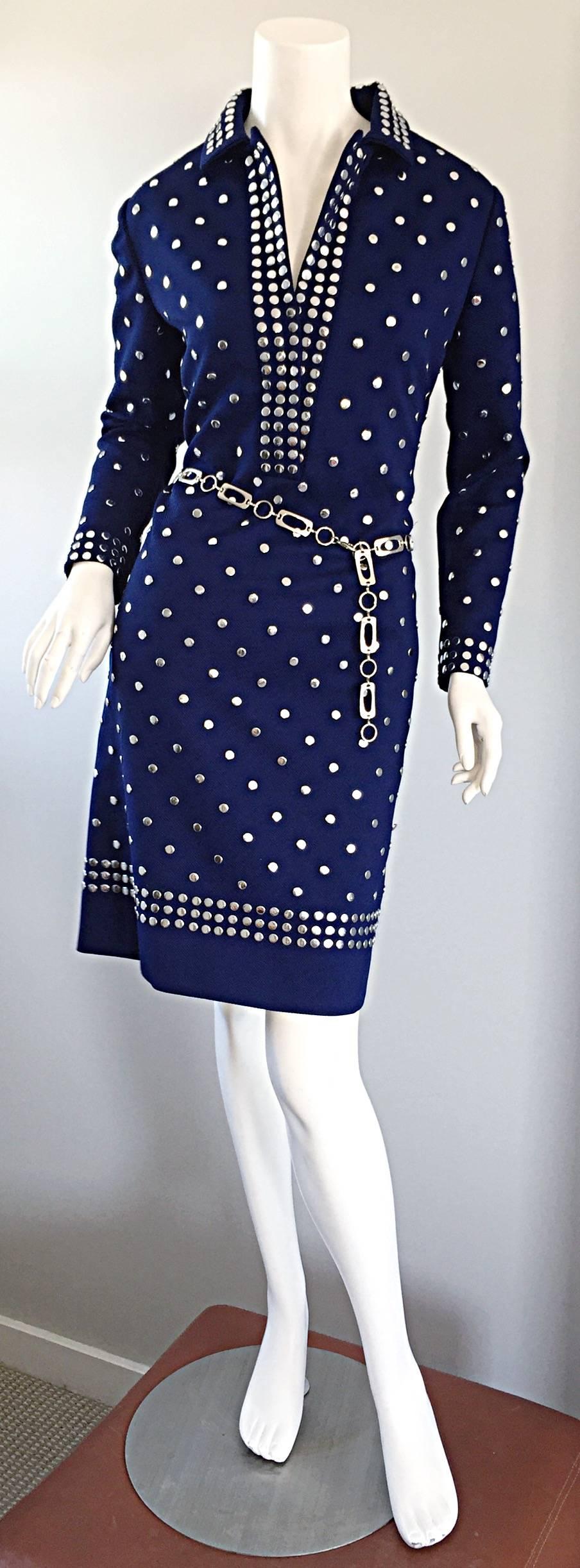Donald Brooks Navy Blue + Silver Studded Vintage Dress w/ Chain Belt In Excellent Condition In San Diego, CA