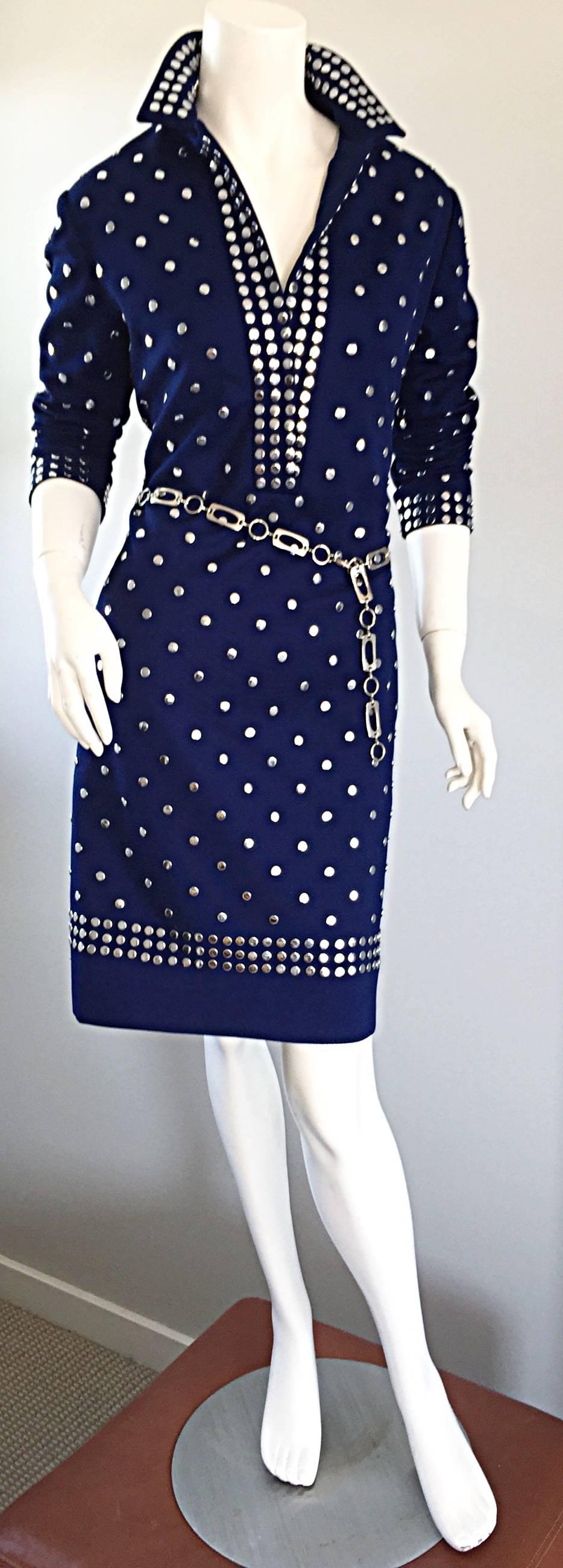 Donald Brooks Navy Blue + Silver Studded Vintage Dress w/ Chain Belt 1