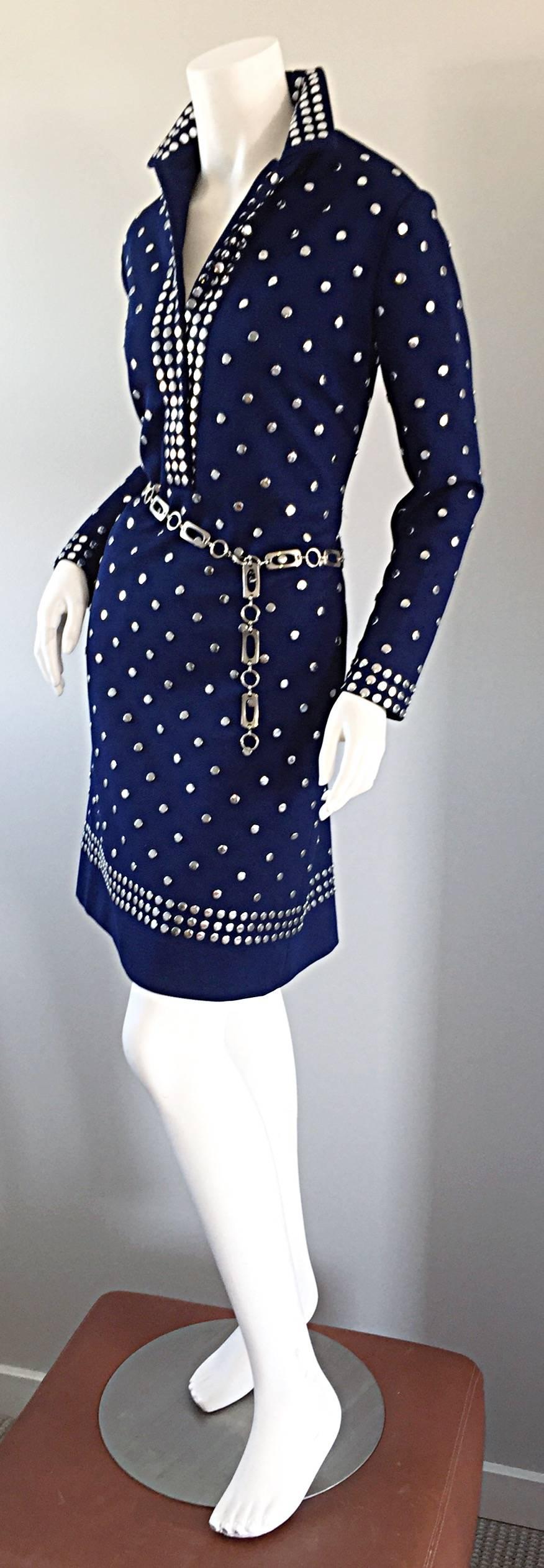Women's Donald Brooks Navy Blue + Silver Studded Vintage Dress w/ Chain Belt