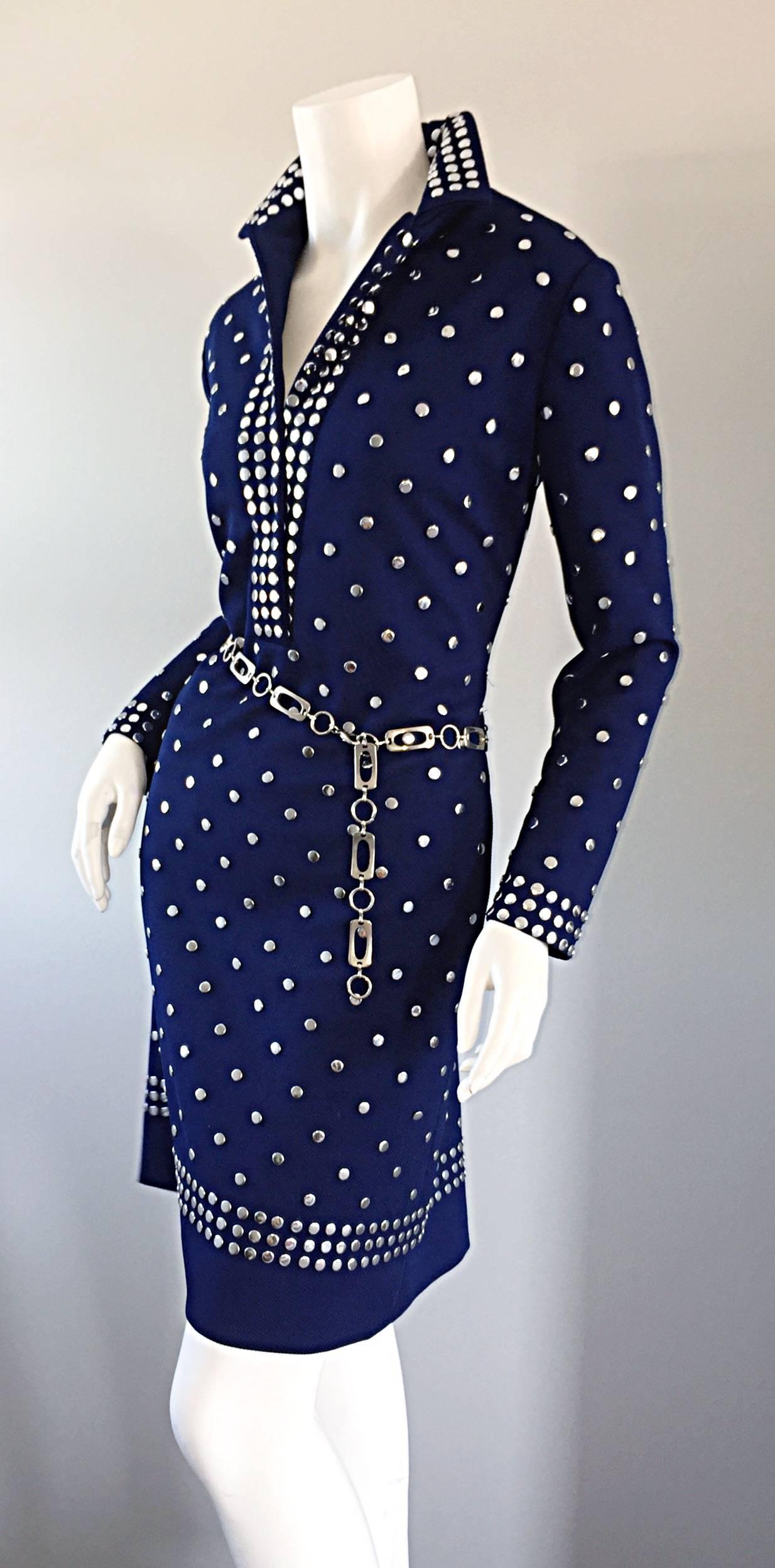 Donald Brooks Navy Blue + Silver Studded Vintage Dress w/ Chain Belt 2