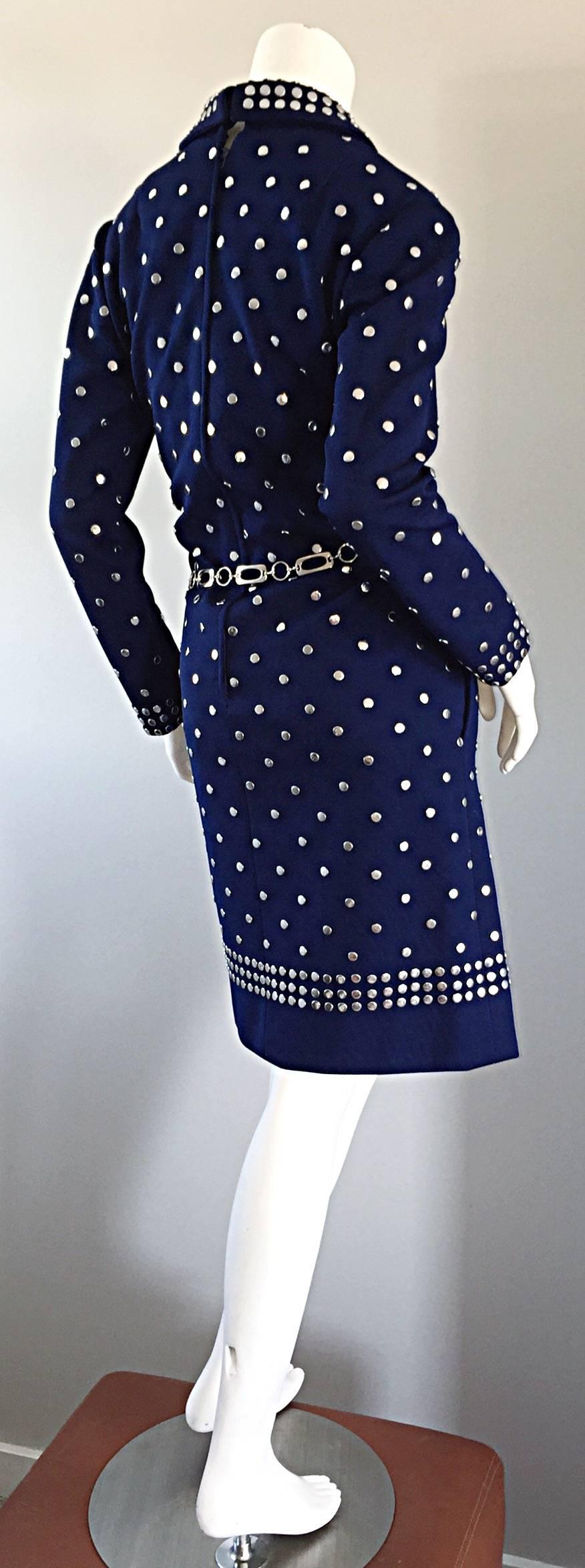 Incredible vintage Donald Brooks navy blue shirt dress, encrusted with hundreds of silver studs throughout! Original silver chain belt, which can also be used for other outfits. Can easily transition from day to night. Great with sandals, flats,