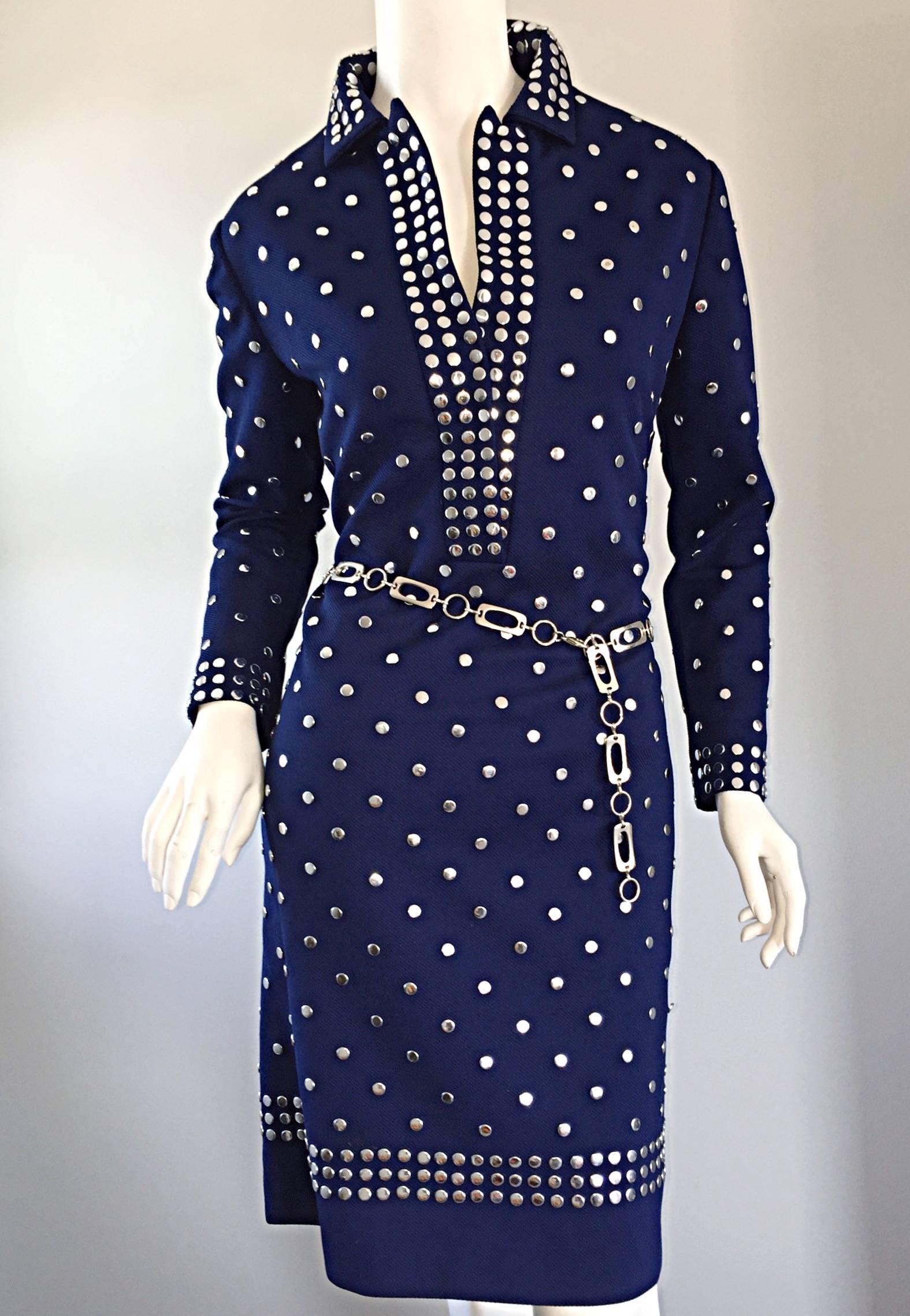Donald Brooks Navy Blue + Silver Studded Vintage Dress w/ Chain Belt 3
