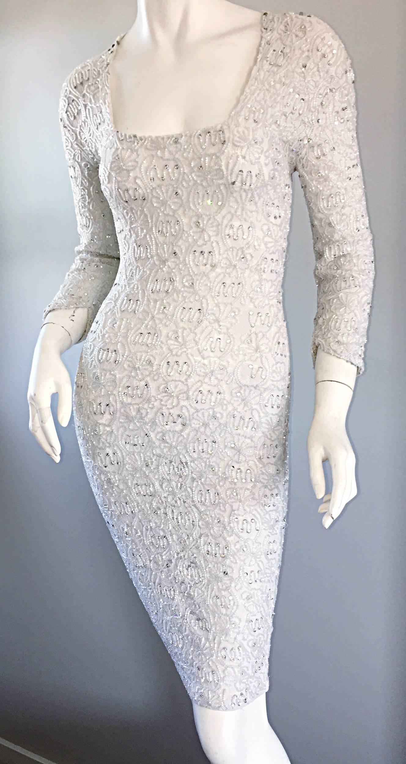 Gray Incredible Vintage Giorgio di Sant Angelo 80s White Fully Beaded Bodycon Dress For Sale