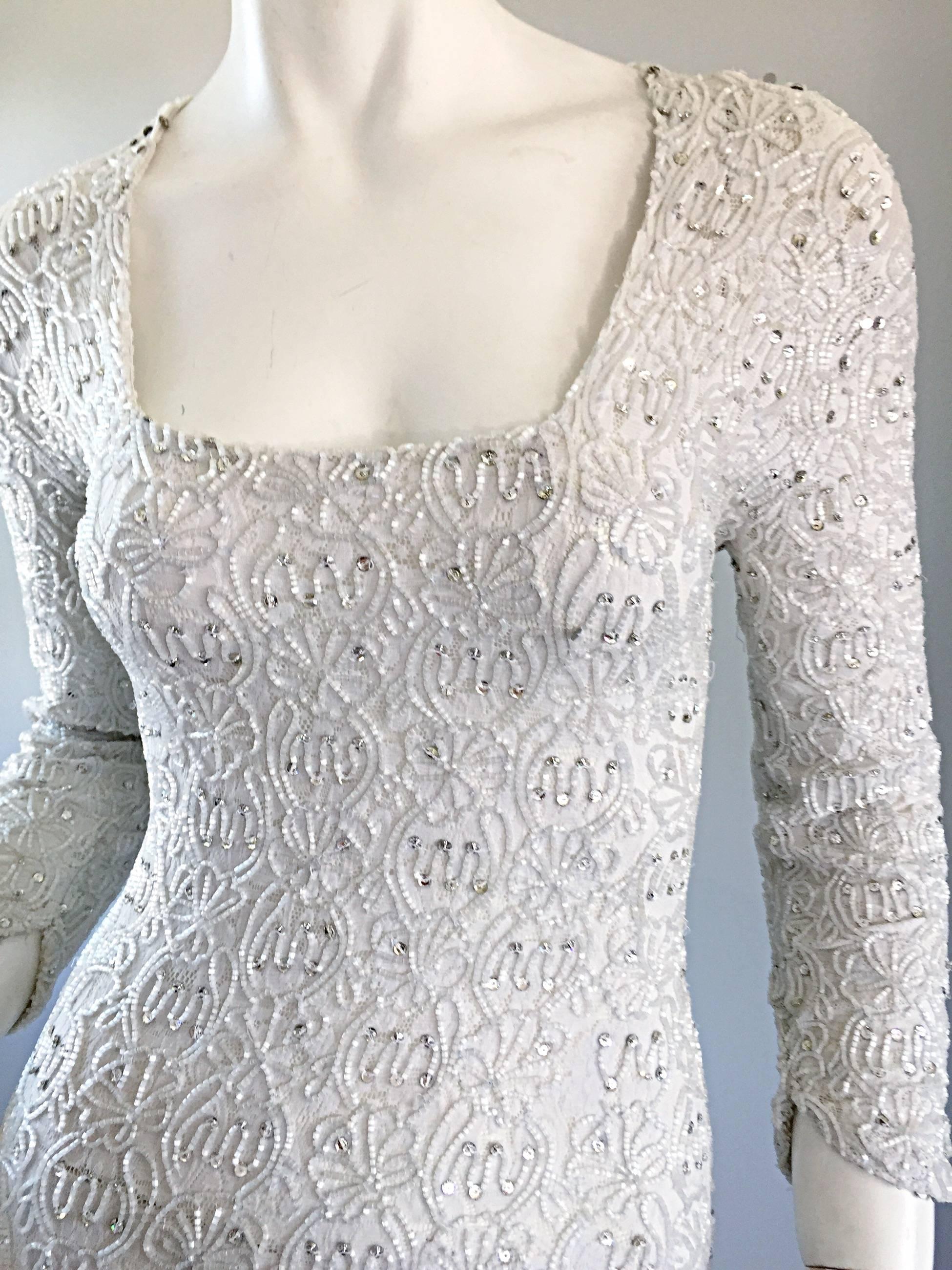 Incredible Vintage Giorgio di Sant Angelo 80s White Fully Beaded Bodycon Dress In Excellent Condition For Sale In San Diego, CA