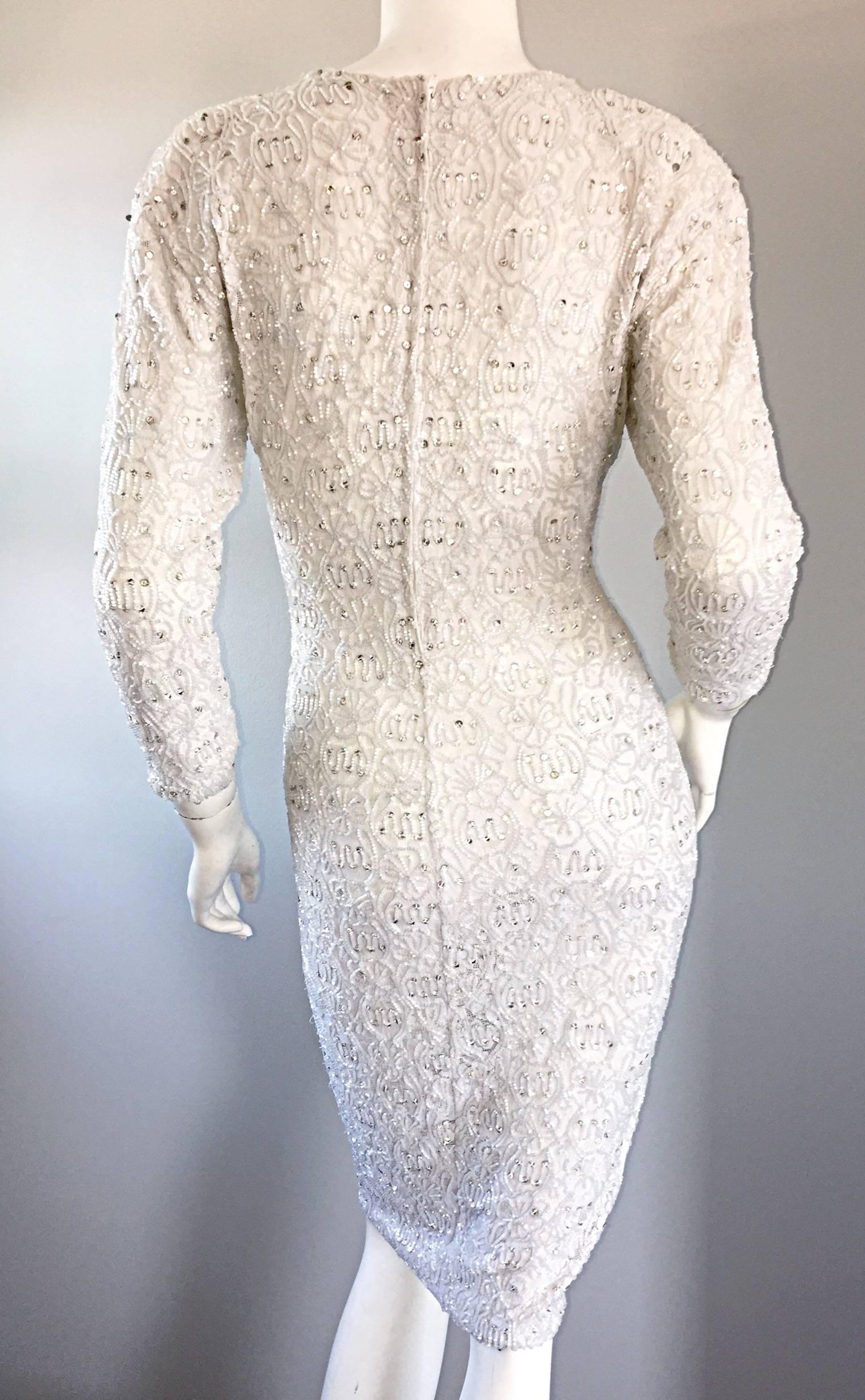 Women's Incredible Vintage Giorgio di Sant Angelo 80s White Fully Beaded Bodycon Dress For Sale