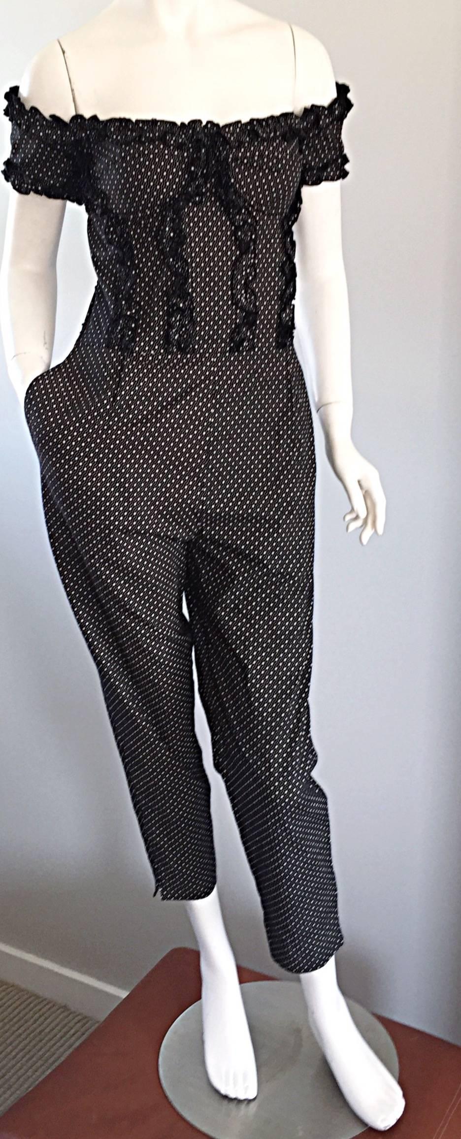 Black Vintage Brioini 1980s Ruffled Corset Cropped Polka Dot Jumpsuit Onesie  For Sale