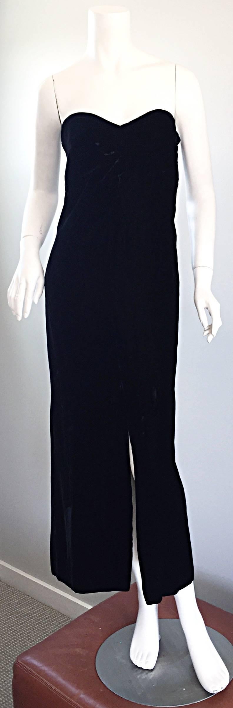 Vintage Oscar de la Renta Black Silk Velvet Strapless Bustier Empire Waist Dress In Excellent Condition In San Diego, CA