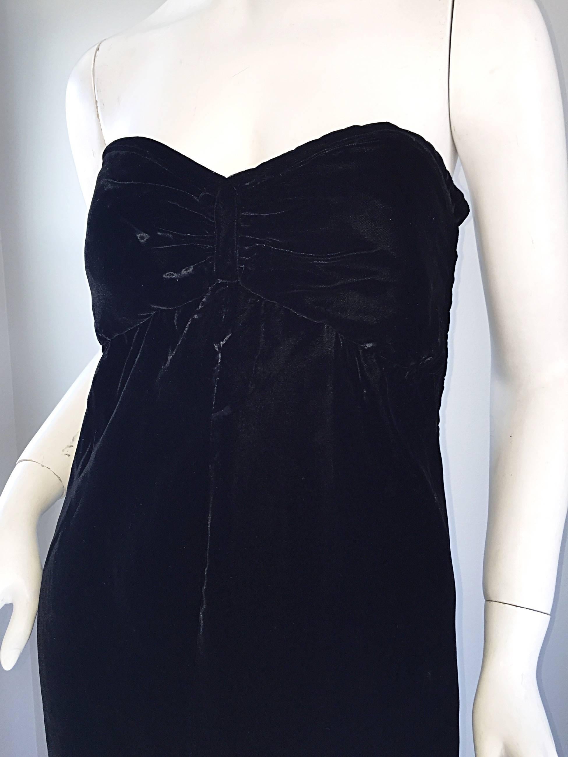 Vintage Oscar de la Renta Black Silk Velvet Strapless Bustier Empire Waist Dress 1