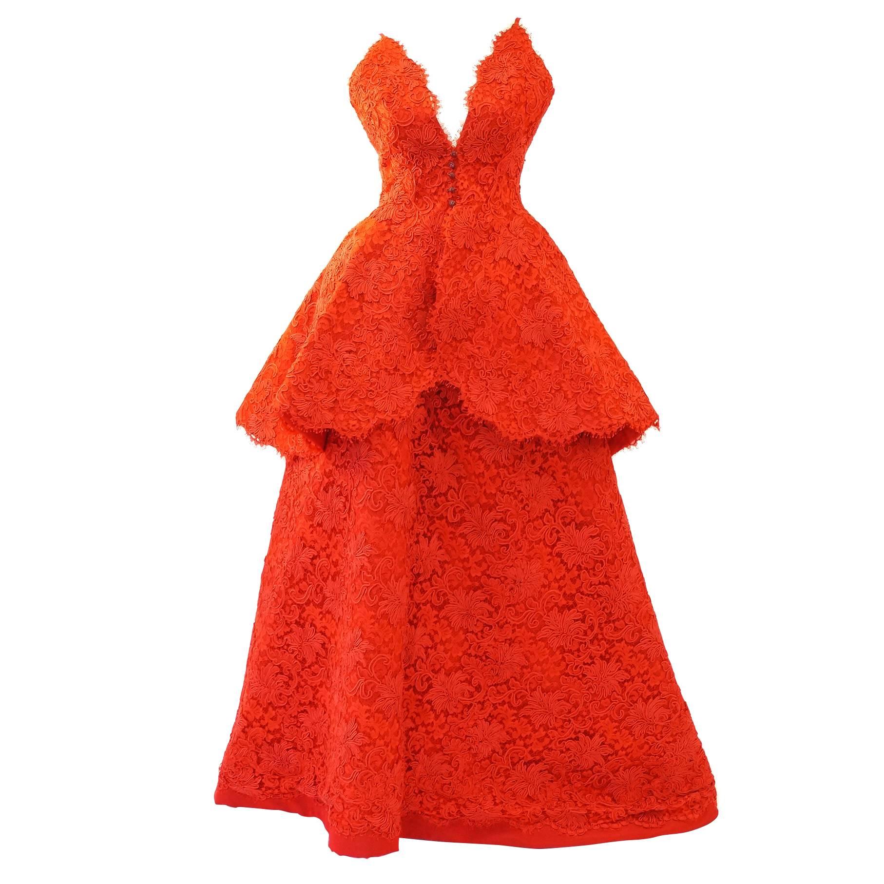 1995 Nina Ricci Couture Red Corded Lace Evening Gown For Sale